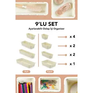 Meleni Home 9'lu Uzayan Dolap İçi Düzenleyici - Çok Amaçlı Banyo Mutfak Ofis Çekmece İçi Organizer Set