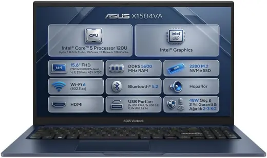 ASUS Vivobook 15 Core 5 120U 8 Gb 512 Gb 15.6" Fhd Windows 11 Pro Laptop, Notebook X1504Va-Bq5387 008