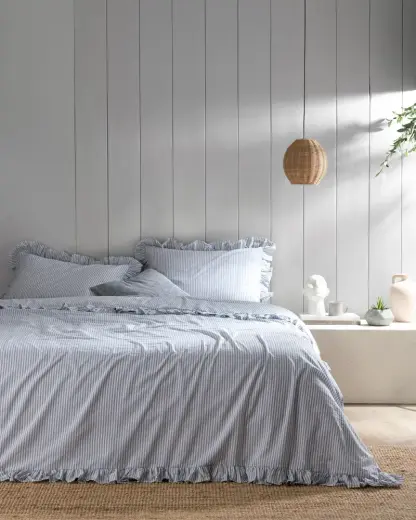 Verona King Size Fırfırlı İpliği Boyalı Çarşaflı Nevresim Takımı - Beyaz/Mavi