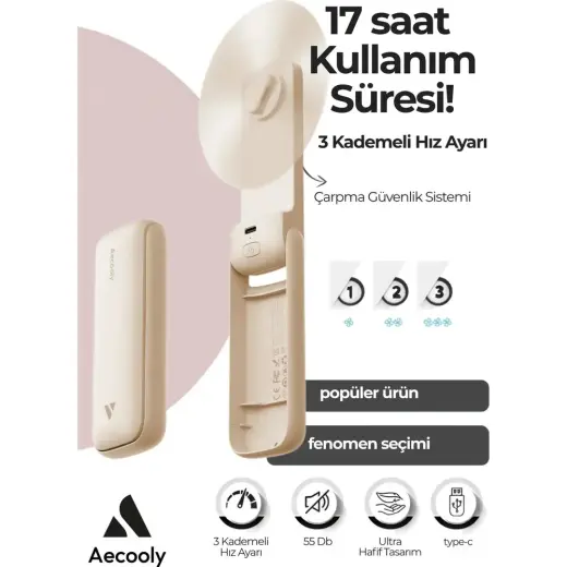 Aecooly Pf01 Katlanabilen Kompakt 3 Kademeli Portatif Soğutucu El Fanı Mini Vantilatör
