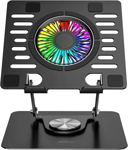 Addison AD-RC36 Fanlı RGB Işıklı 360 Derece Dönebilen Ayarlanabilir Çelik/Alüminyum + Kaymaz Silikon Ped Metal Laptop Stand (RC36 SİYAH)
