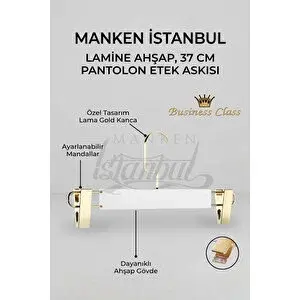 Manken İstanbul Business Class A Kalite 3 Adet Gold Kanca Lamine Ahşap Mandallı Pantolon Askısı Etek Askısı