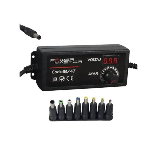 Powermaster Pm-18747 Dijital Ekranlı 12 Volt - 24 Volt / 5 Amper Çok Uçlu Ayarlı Kademeli Adaptör