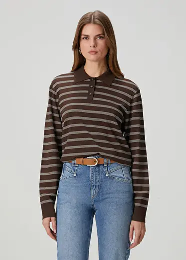 Madison Kahverengi Çizgili Uzun Kol Polo T-shirt