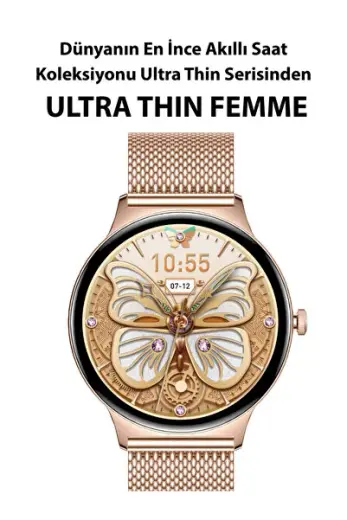 Ultra Thin Femme Akıllı Saat Yuvarlak Çelik Kasa Metal Kordon Gold