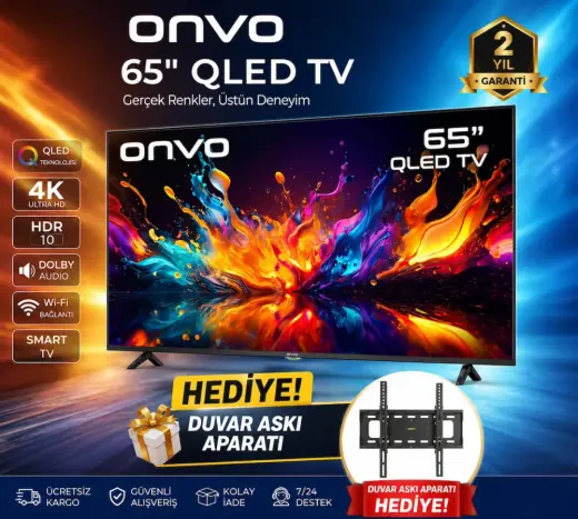 Onvo 65” QLED 4K Ultra Hd Google Smart Tv | HDR10 | Dolby Audio | Wi-Fi | Duvar Askı Aparatı Hediyeli