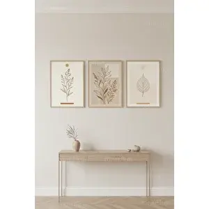 Tontilika Minimalist Botanik Yaprak Desenli 3’lü Ahşap Çerçeveli Tablo Seti 21x30 cm