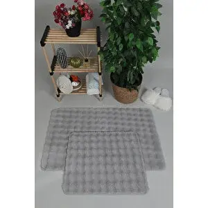 My Evilla Modern Bubble Yıkanabilir Kaymaz Peluş Banyo Paspası Halısı 2'li Klozet Takımı 50x80-50x40cm Gri