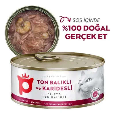 Petlebi Sos İçinde Fileto Taze Ton Balıklı ve Karidesli Kedi Konservesi 70gr
