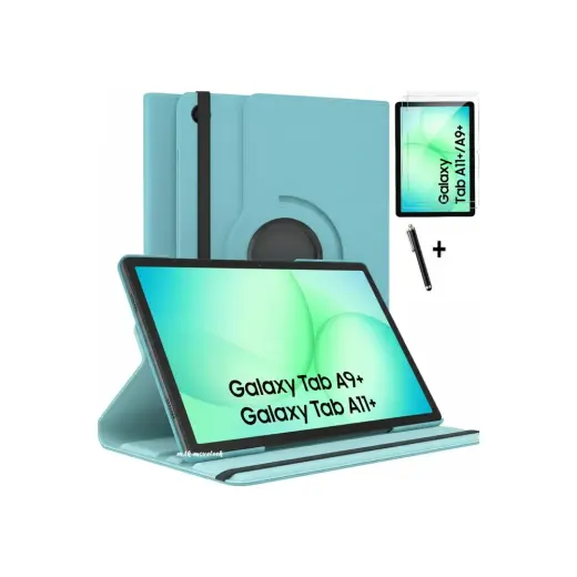 M.TK Moveteck Samsung Galaxy Tab A11+ Plus/ A9 + Plus 11 Inç Kılıf 360 Derece Dönebilen Kapaklı Tablet Kılıfı + Ekran Koruyucu Cam Set