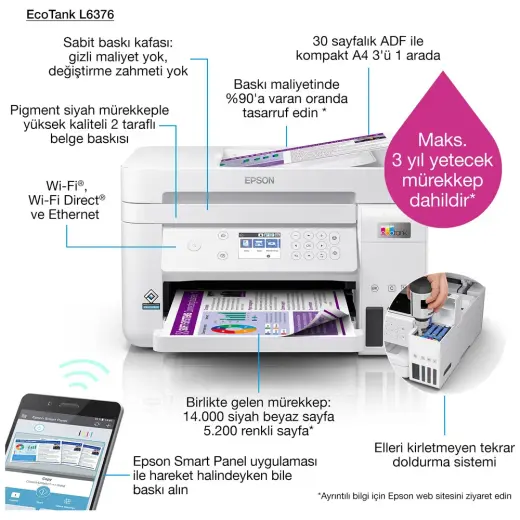 Epson Ecotank L6376 A4 Çok Fonksiyonlu Yazıcı 30 Sayfa Sarf Malzemesi ile Beyaz Renk