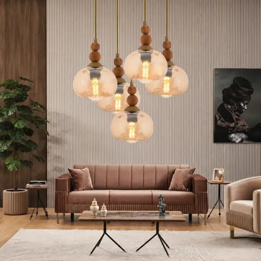 Apliqa Vinta 5'li Yuvarlak Eskitme Ahşap Detaylı Bohem Salon Sarkıt Avize
