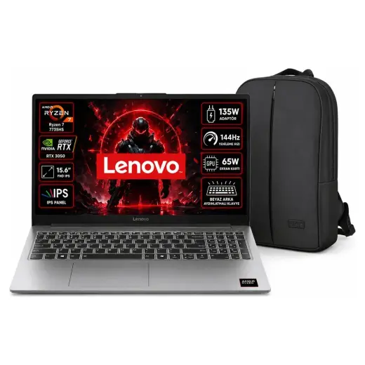 Lenovo Loq Essential Amd Ryzen 7 7735HS 8 gb 512 GB SSD RTX3050 Windows 11 15.6" Fhd 144Hz Taşınabilir Bilgisayar + Shopimode Çanta SM0183S00033TR