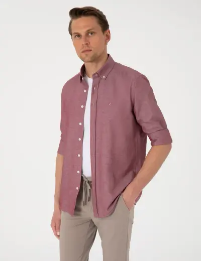 Bordo Oxford Slim Fit Kolay Ütülenebilir Gömlek