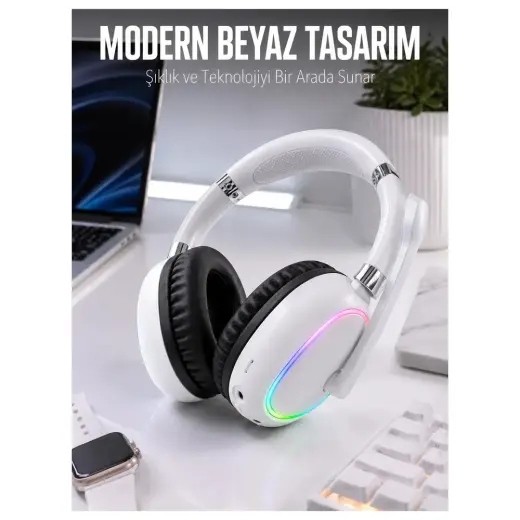 Renas Store Kablosuz Bluetooth Mikrofonlu Beyaz Kulaklık Rgb Işıklı