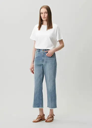 Eloise Frayed Mavi Cropped Wide Leg Jean Pantolon