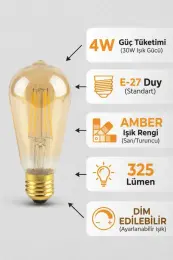 Cata CT-4350 ST64 Rustik LED Ampul 4W E27 Amber (Sarı Işık) Armut Tipi Dim Edilebilir Dekoratif 6