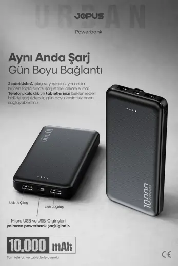 Jopus 10000 mAh Powerbank Led Işık Göstergeli Taşınabilir Hızlı Şarj Cihazı Siyah JP-P10, 17498
