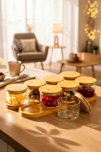 Feel - 10 Parça Cam Kahvaltılık Dikdörtgen Tepsili Bambu Vakumlu Kapaklı Çerezlik Saklama Kabı 220ml