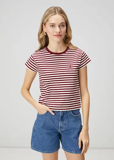 Beyaz Bordo Çizgili T-shirt