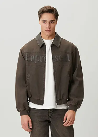 Kahverengi Logo Nakışlı Denim Mont