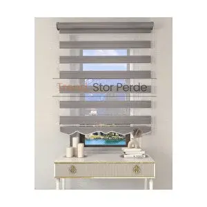 Trend Stor Perde Geniş Plise Gri Etek Dilimli Zebra Stor Güneşlik Perde 70x200 cm