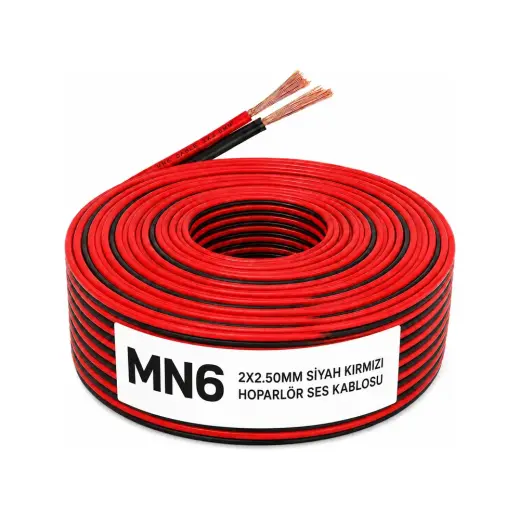 MN6 MN250HKF 2x2.50 mm Hoparlör Kablosu 10 Metre Siyah Kırmızı Kordon Amfi Hoparlör ve Ses Sistemi Kablosu