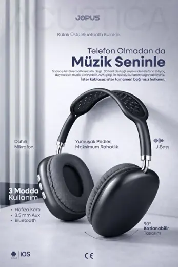 Bluetooth Kulaklık iOS Android Uyumlu Yüksek Ses Kalitesi Mikrofonlu Kulaklık Acustica Siyah