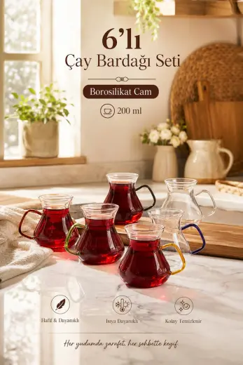 Perotti 16013 Ehl-i Keyf Renkli 6'lı Borosilikat Çay Bardağı Set Renkli