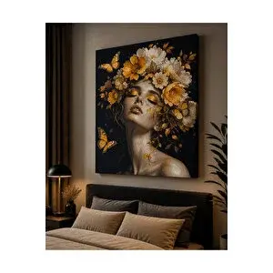 Mgi Design Altın Çiçekli Kadın Kanvas Tablo – Siyah Zemin Üzerine Lüks Modern Sanat, Premium Duvar Dekoru, Salon & Yatak Odası Tablosu | Modern Duvar Dekoru | Salon, Yatak Odası Ve Ofis İçin | Sanatsal Ev Dekora 100x140 cm