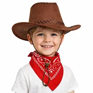 evimdeyokyok Evimdeyokyok Çocuk Kovboy Şapka Kahverengi Kırmızı Bandana Seti T20