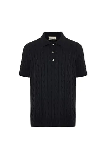 Cervo Siyah Saç Örgü Polo Yaka Kısa Kollu Triko Erkek T-shirt