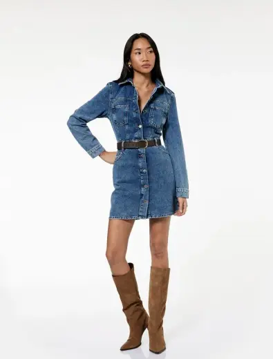 Uzun Kollu Klasik Yaka Düğmeli Cep Detaylı A Kesim Mini Denim Elbise