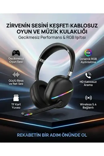 RGB Oyuncu Kulaklık Kablosuz Mikrofonlu Wireless 5.4 Oyuncu Kulaklığı TF Kart Girişli HD Sesli RGB Işıklı Kulaklık