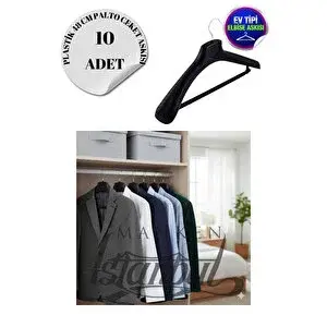 Manken İstanbul 10 Adet Ev Tipi 48 Cm Siyah Plastik Ceket Askısı Takım Elbise Askısı Kıyafet Askısı