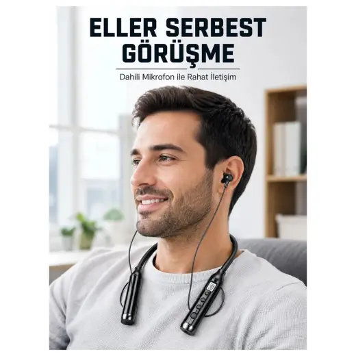 Masa Dostu 600 Saat Kullanım Süreli Boyun Tipi Bluetooth Kulaklık Mikrofonlu Dijital Göstergeli Kablosuz Ku