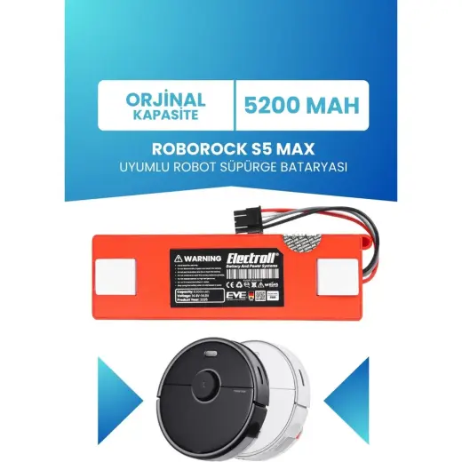 Electroll Roborock S5 Max Uyumlu Batarya (Orjinal Kapasite) 5200 MAH Pil Robot Süpürge Batarya Değişimi