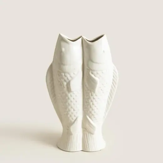 Çift Balık Figürlü Beyaz Stoneware Vazo Natural