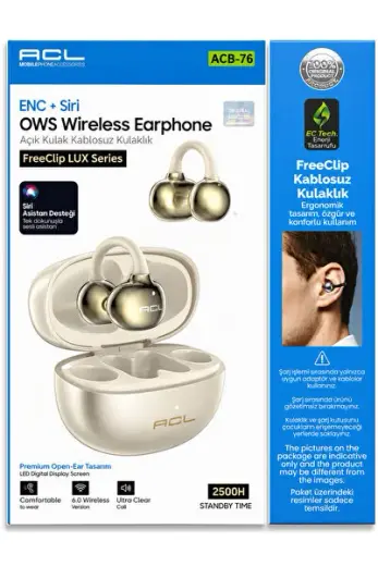 ACB-76 OWS Açık Kulak Kablosuz Bluetooth 6.0 Kulaklık Siyah Klipsli Küpe Sporcu Kulaklığı ENC Gürültü Engelleme Siri Destekli