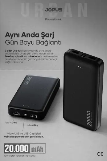 Jopus 20000 mAh Powerbank Led Işık Göstergeli Taşınabilir Hızlı Şarj Cihazı Siyah JP-P10A, 17499