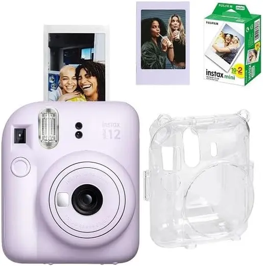 Instax Mini 12 Fotoğraf Makinesi-20li Film-Şeffaf Pleksi Kılıf ve Fotoğraf Çerçevesi Seti 1 Mor