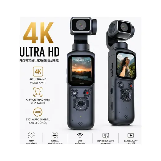 Robeve 4K Ultra HD 75MP Yüz Takipli Gimbal Aksiyon Kamerası