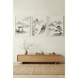 Tontilika Japon Minimalist Manzara 3’lü Ahşap Çerçeveli Tablo Seti 21x30 cm