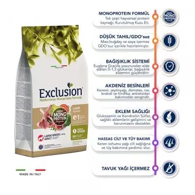 Exclusion Monoprotein Kuzu Etli ve Narlı Düşük Tahıllı Büyük Irk Yetişkin Köpek Maması 12kg
