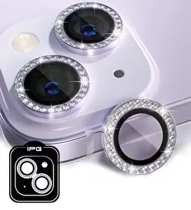 IPG ProLENS iPhone 14 / 14 Plus Kamera Lens Koruyucu Elmas Taş Çerçeveli, Kırılmaz Cam Mor