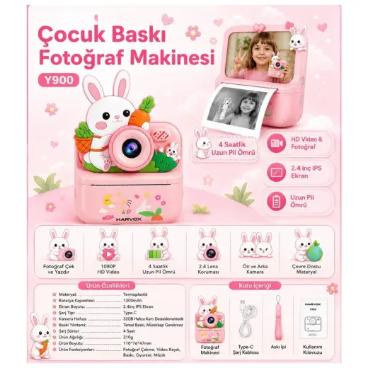 Azurtech Çocuk Kamerası Dijital Hd Video Kayıt ve Fotoğraf Termal Resim Kağıt Baskılı Yazıcı