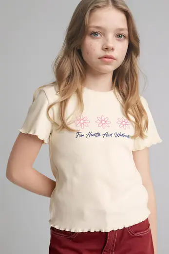 Slim Fit Baskılı Fitilli Tişört Kız Çocuk