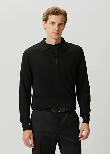 Siyah Polo Yaka Yün Triko