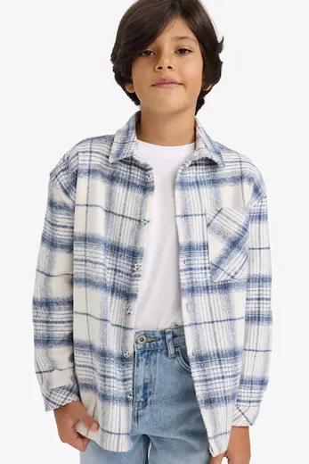 Oversize Geniş Kalıp Polo Yaka Ekose Desenli Flanel Uzun Kollu Gömlek Erkek Çocuk