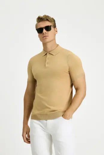 Orta Bej Slim Fit Dar Kesim Pamuk Polo Yaka Örme Tişört